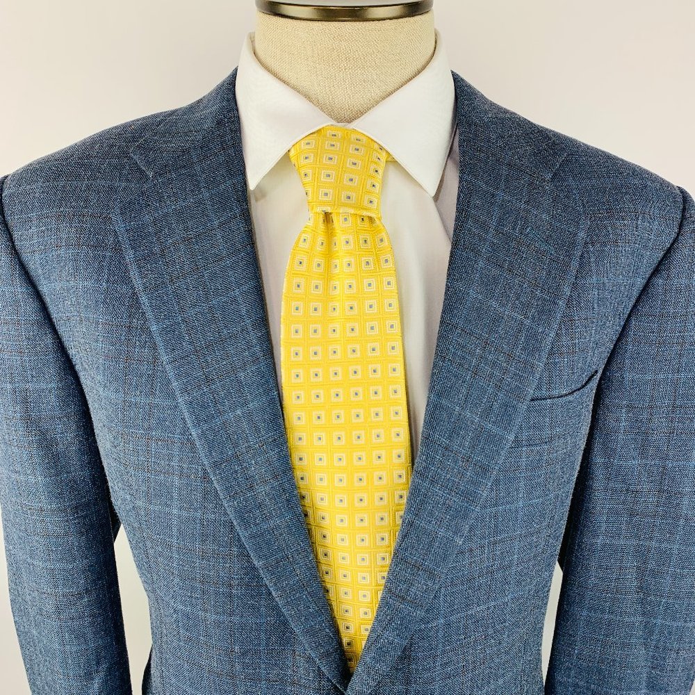 Hickey Freeman Silk & Wool Sport Coat Blue With Brown Window Pane Plaid